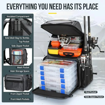 Cooler Fishing Backpack with Rod Holders 45L Large Water-resistant Fishing Tackle Bag Store Fishing Gear in Black for