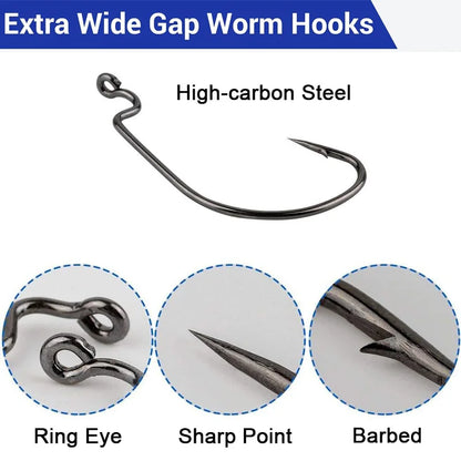 100Pcs EWG Offset Worm Hook Wide Gap Bait Jig Soft Plastic Lure Fishing Hooks for Bass Trout Saltwater Freshwater Fishing