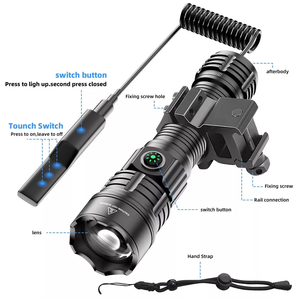IP65 High Lumen Tactical Flashlight 3 Modes Rechargeable Battery Aluminum Alloy LED Weapon Light with Picatinny Rail Mount Sport