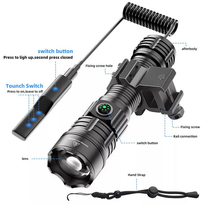 IP65 High Lumen Tactical Flashlight 3 Modes Rechargeable Battery Aluminum Alloy LED Weapon Light with Picatinny Rail Mount Sport