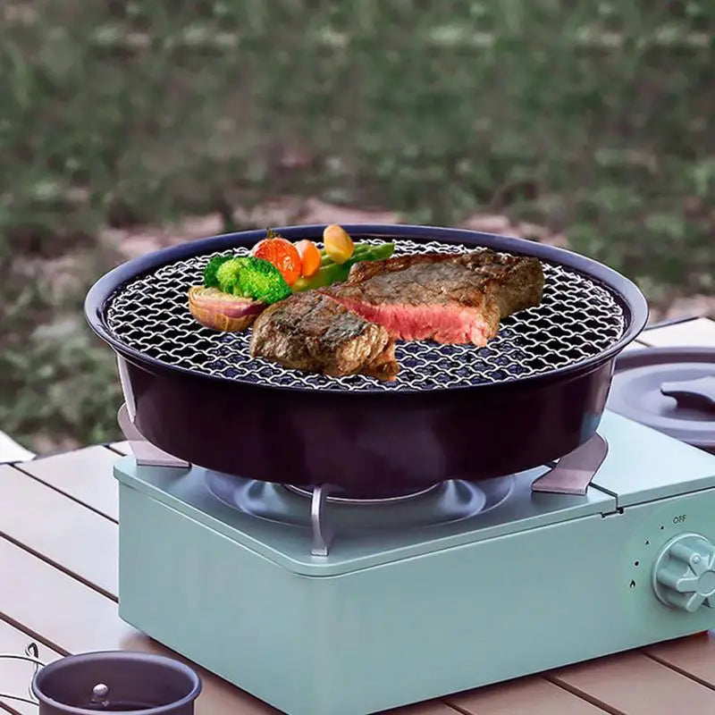 Outdoor Cooking Grill Pan Non-Stick Round Grill Pan Includes Metal Tongs Portable Storage Bag Grilling Accessories for Camping