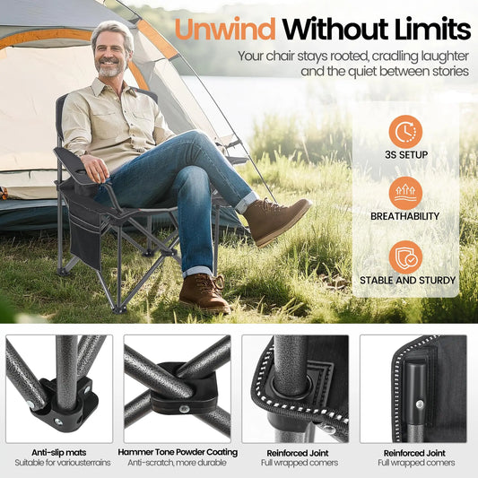 2 Pack Large Camping Chair Heavy Duty 400lb Capacity with Side Pocket Cup Holder Cooler Bag for Outdoor Beach Fishing Backyard B