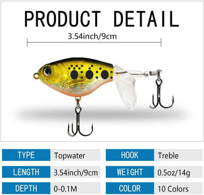 10Pcs Topwater Fishing Lures With Spinning Floating Tail Plopping Whopper Lures Equipped With Barbed Treble Hooks Suitable For Freshwater And Saltwater Bass Fishing