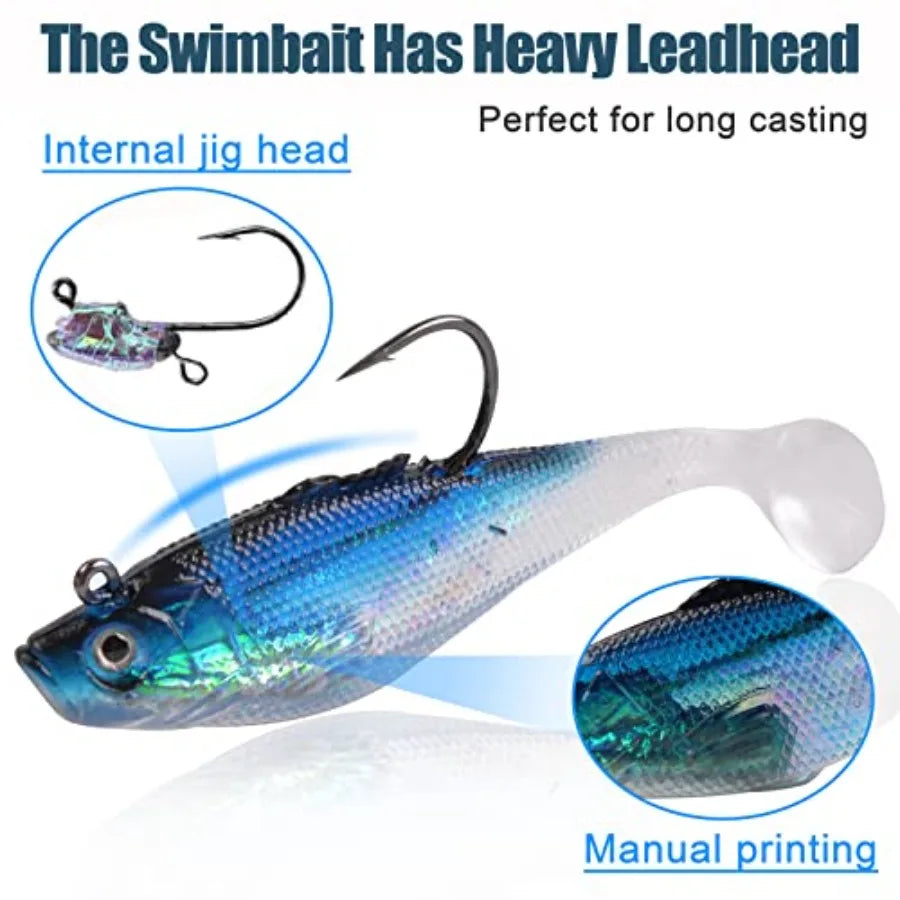 Pre-Rigged Jig Head Soft Fishing Lures, Paddle Tail Swimbaits for Bass Fishing Shad Freshwater Saltwater Fishing Trout Pike Wal