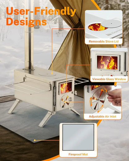 Hot Tent Stove, Portable Wood Burning Camping Stainless Steel Stove with Chimney Pipes for Tent, Outdoor, Heating, Cooking, Ice