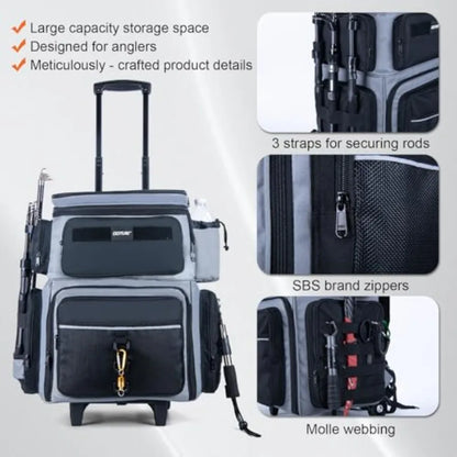 66L Rolling Tackle Box with Cooler Large Fishing Bag with Wheels for 5 3700 Trays Trays Not Included Saltwater Resistant Tackle