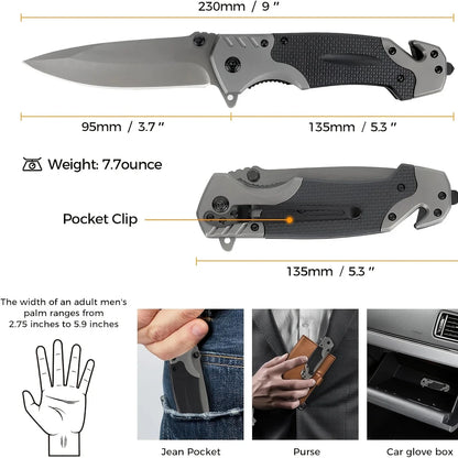 Men'S Folding Knife With Glass Breaker And Seat Belt Cutter, 3-in-1 Multi-function Folding/EDC Knife For Camping, Fishing