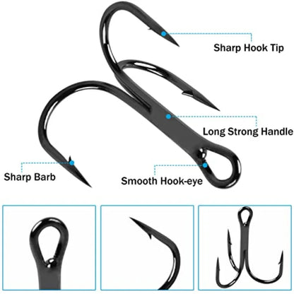 Fishing Treble Hooks Kit High Carbon Steel Treble Fishing Hooks Ring Set Strong Sharp Round Bend for Trout Bass Catfish Lures B
