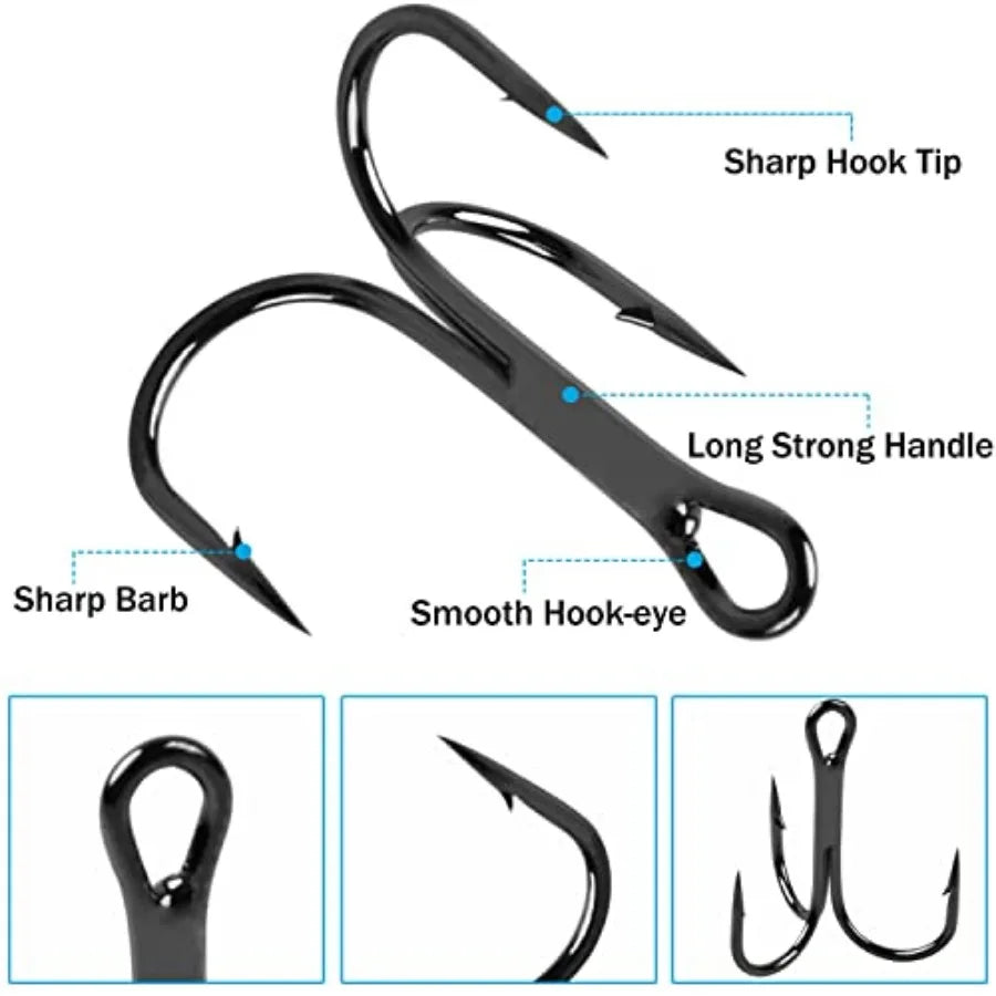 Fishing Treble Hooks Kit High Carbon Steel Treble Fishing Hooks Ring Set Strong Sharp Round Bend for Trout Bass Catfish Lures B