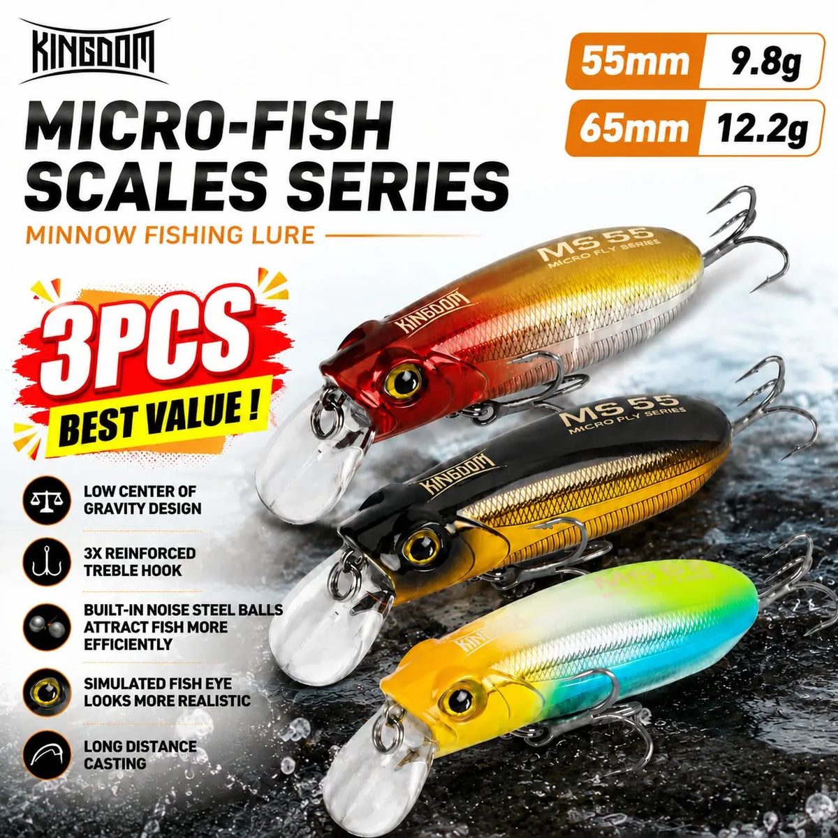 Kingdom 3PCS Sinking Floating Minnow Lure 55mm 9.8g  65mm 12.2g Artificial Hard Baits Wobblers Long Casting Seabass Trout Fishing Lure