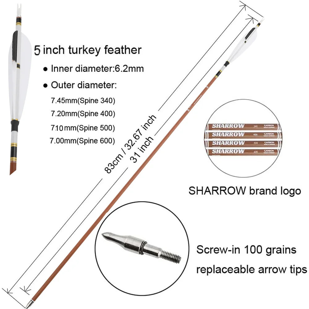 Archery Pure Carbon Arrows 31inch Arrow Shaft 100 Grain Broadhead 5 Inch Turkey Feather Spine 340-600 Bow Archery Shooting 12pcs