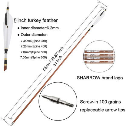 Archery Pure Carbon Arrows 31inch Arrow Shaft 100 Grain Broadhead 5 Inch Turkey Feather Spine 340-600 Bow Archery Shooting 12pcs
