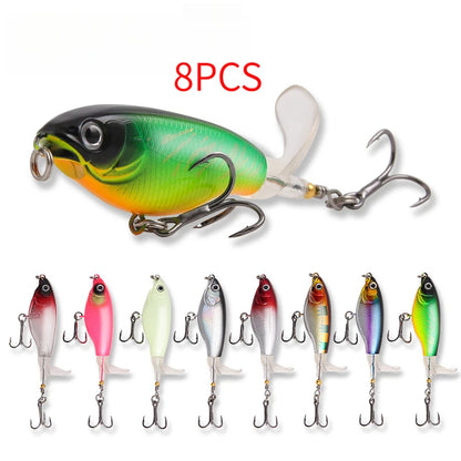 8PCS Top‑water Propeller Lures, Laser Reflective, 10.5CM, 8G, Suitable For Bass, Trout and Zander. Equipped With Rotating Treble Hooks With Barbs At The Tail, Swimming Baits and Crank Baits