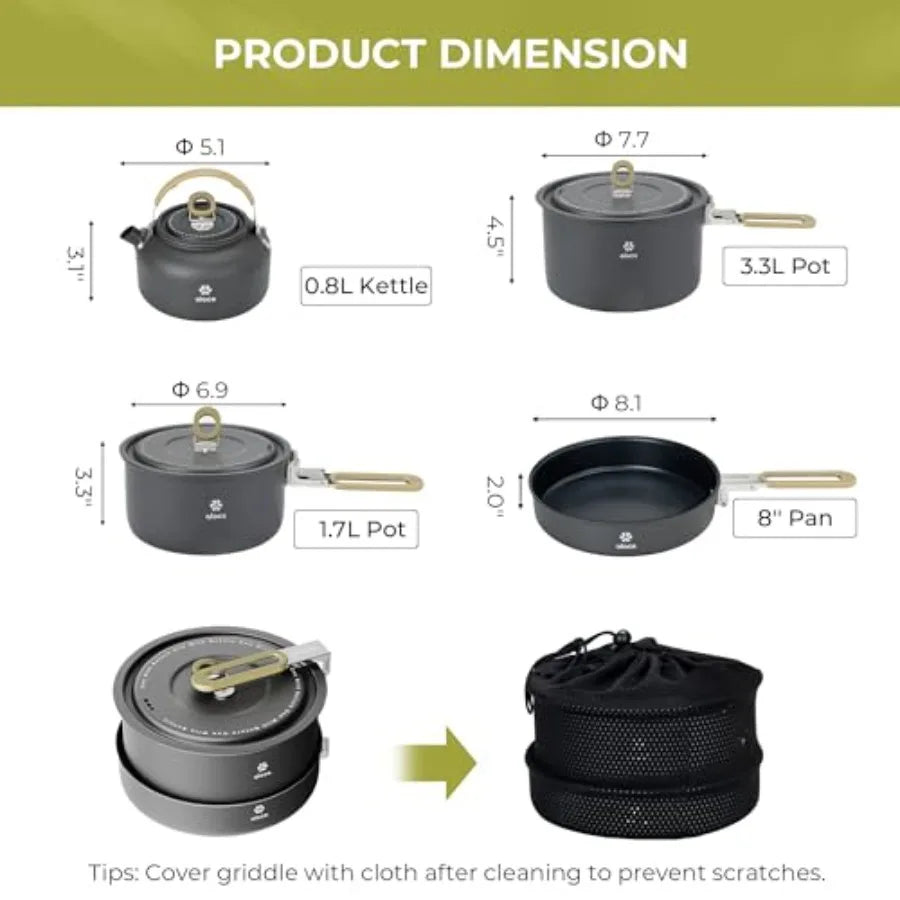 Lightweight Camping Pots and Pans Set with Kettle - Portable Outdoor Cookware Mess Kit for 2 - Durable Aluminum Cooking Gear in