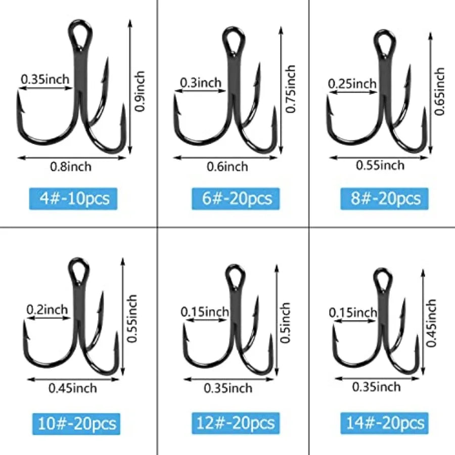Fishing Treble Hooks Kit High Carbon Steel Treble Fishing Hooks Ring Set Strong Sharp Round Bend for Trout Bass Catfish Lures B