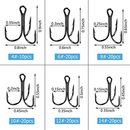 Fishing Treble Hooks Kit High Carbon Steel Treble Fishing Hooks Ring Set Strong Sharp Round Bend for Trout Bass Catfish Lures B