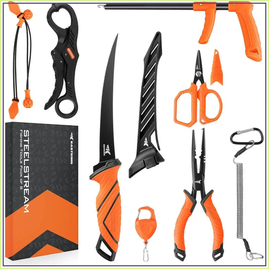 8pc Fishing Tool Kit - Pliers, Knife, Scissors, Lip Gripper, Retractor, Hook Remover