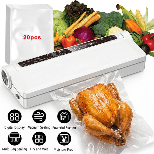 90W High Power Vacuum Sealer 62KPA Strong Suction Digital Countdown Dry & Wet Food Sealer Machine with 20pcs Bags for Home Refrigerator Sous Vide Cooking