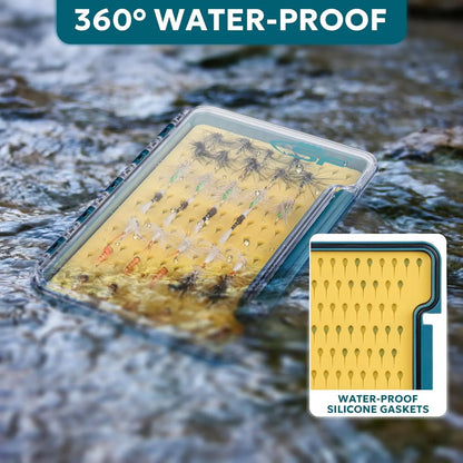 Slim Fly Fishing Box - Thin Trout Flies Storage, Clear Lid, Yellow Silicone, Waterproof, Large