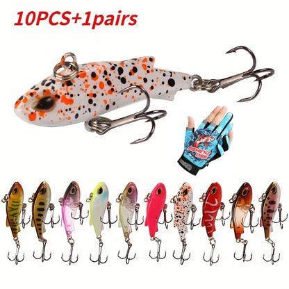 Set Of 10 Mixed-Color VIB Lures + 1 Pair Of Non-Slip Fishing Gloves. Sinking Minnow-Shaped Artificial Lures With Double Hooks, Complete Fishing Tackle Suitable For Freshwater And Saltwater