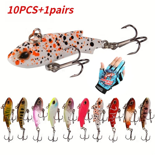 Set Of 10 Mixed-Color VIB Lures + 1 Pair Of Non-Slip Fishing Gloves. Sinking Minnow-Shaped Artificial Lures With Double Hooks, Complete Fishing Tackle Suitable For Freshwater And Saltwater