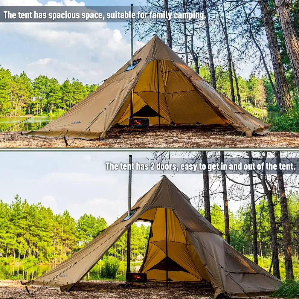 Fireproof Fabric, Green Camping Hot Tipi Tent for 4 - 8 Person, Ideal for Bushcraft, Cooking and Heating