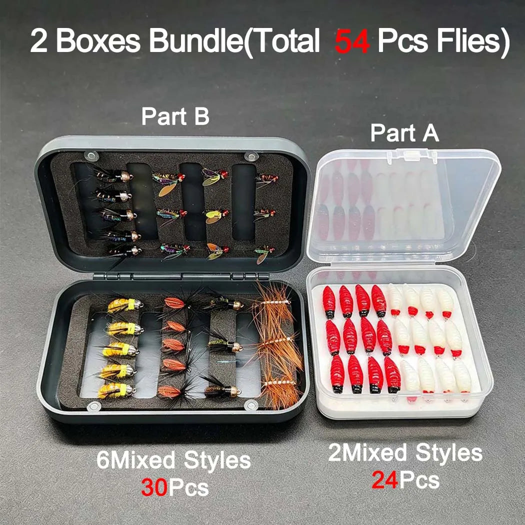 2Box Bundle(Total 54Pcs Flies) Fly Fishing Flies Nymph Lure&Artificial Bait Set Fishing for Trout/Bass/Perch/Salmon