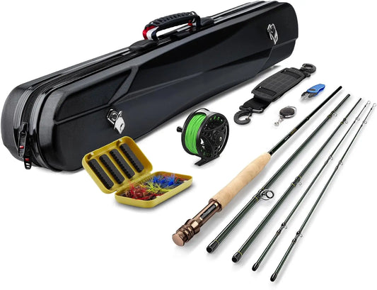 Fly Fishing Rod and Reel Combo Starter Kit, Carbon Fiber 4-Piece Rod, Aluminum Reel, Flies, Line, Case - Lightweight Portable
