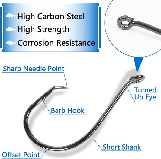 2X Strong Offset Circle Hooks for Saltwater and Freshwater Fishing, Black High Carbon Steel
