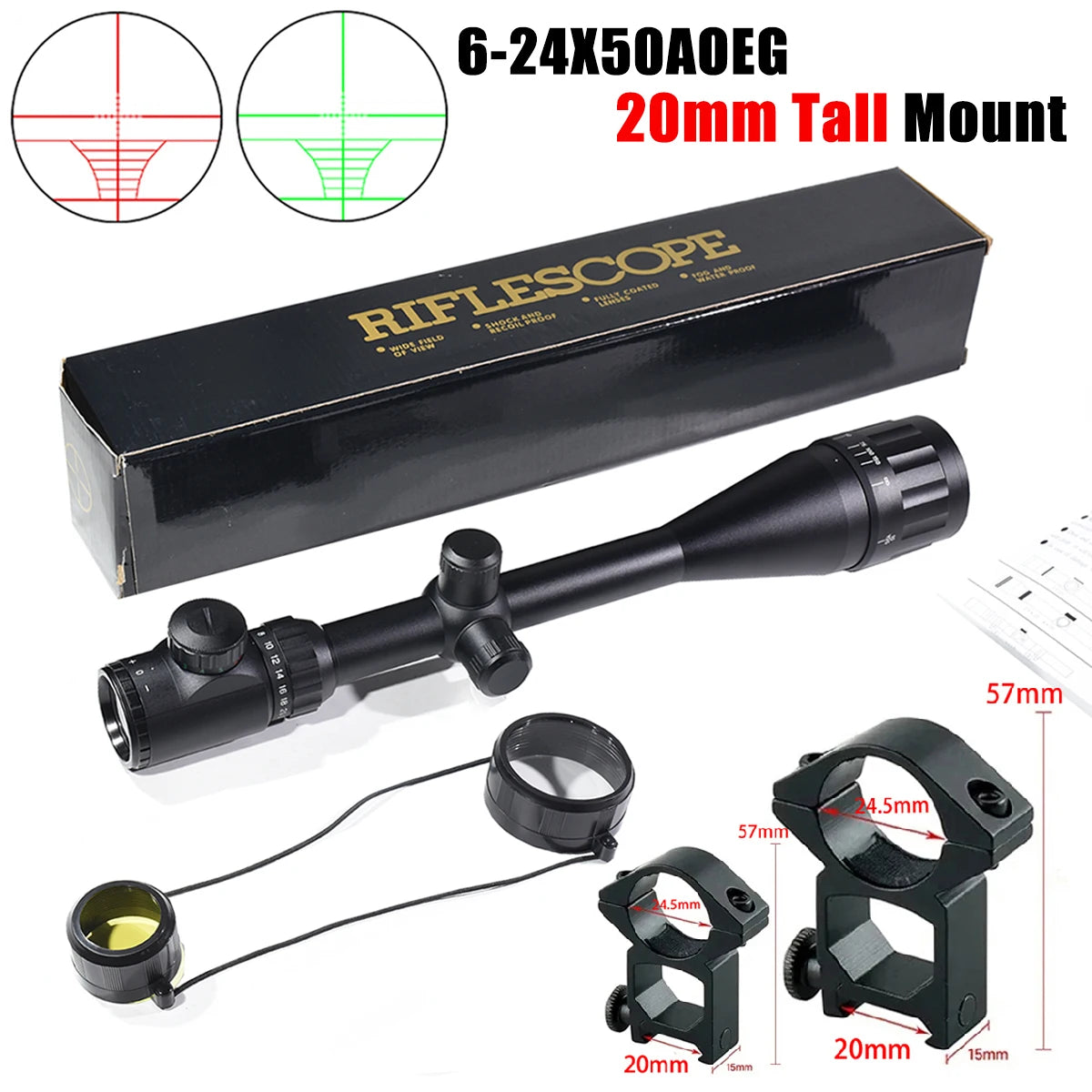 Tactical 6-24X50AOEG  Riflescope Outdoor Hunting Optical Scope Red Green Illuminated Reflex Sight Airsoft Air Gun Accessory