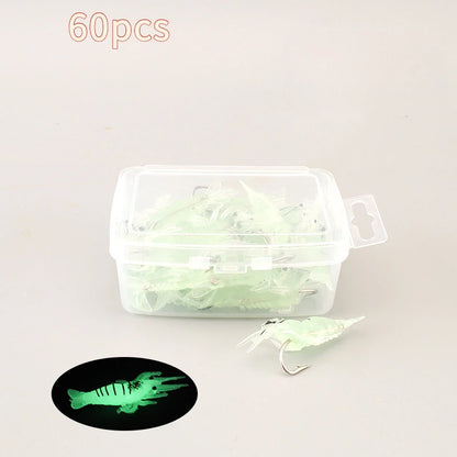 60‑Piece Luminous Shrimp Lure Set - Glow‑in‑the‑Dark Soft Plastic Artificial Baits With Hooks | Realistic Freshwater And Saltwater Fishing Tackle, Simulation Shrimp‑Shaped Jigs For Night Fishing, Ideal For Catching