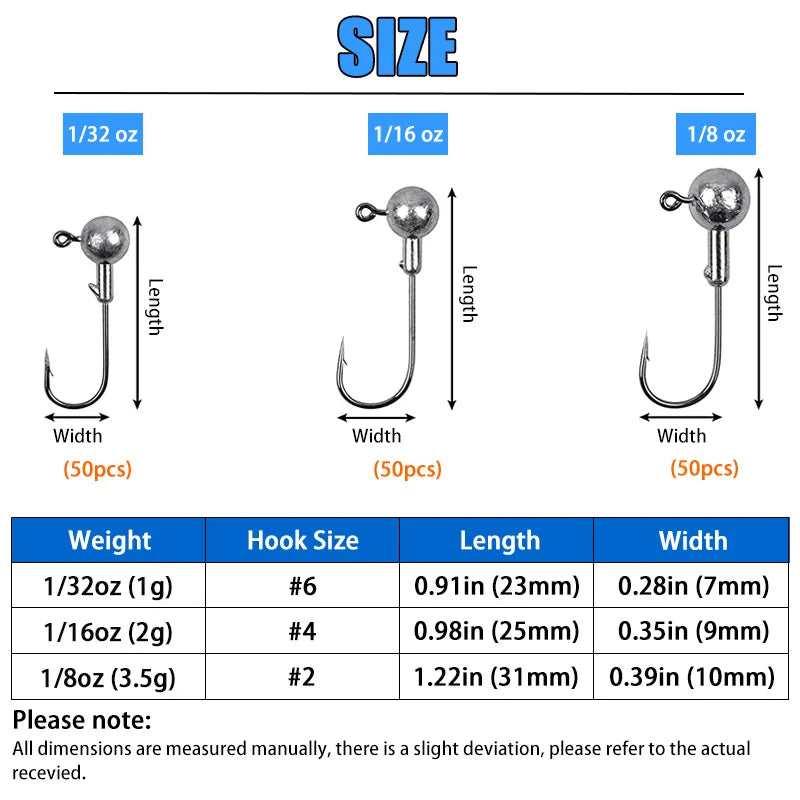 50pcs Round Ball Jig Heads Fishing Hooks for Saltwater Freshwater Swimbait Bass Trout Crappie 1/32 1/16 1/8 oz