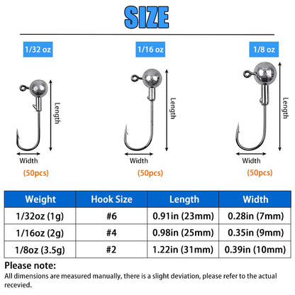 50pcs Round Ball Jig Heads Fishing Hooks for Saltwater Freshwater Swimbait Bass Trout Crappie 1/32 1/16 1/8 oz