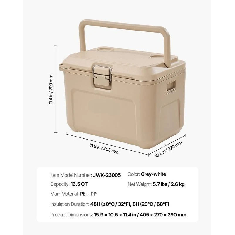 Portable Cooler, 16.5 QT Hard Cooler with Ice Retention, Heavy-Duty Handles and Cup Holder, Lightweight Rigid Material Insulated Portable Cooler, Suitable for Family Picnics and Short Trips