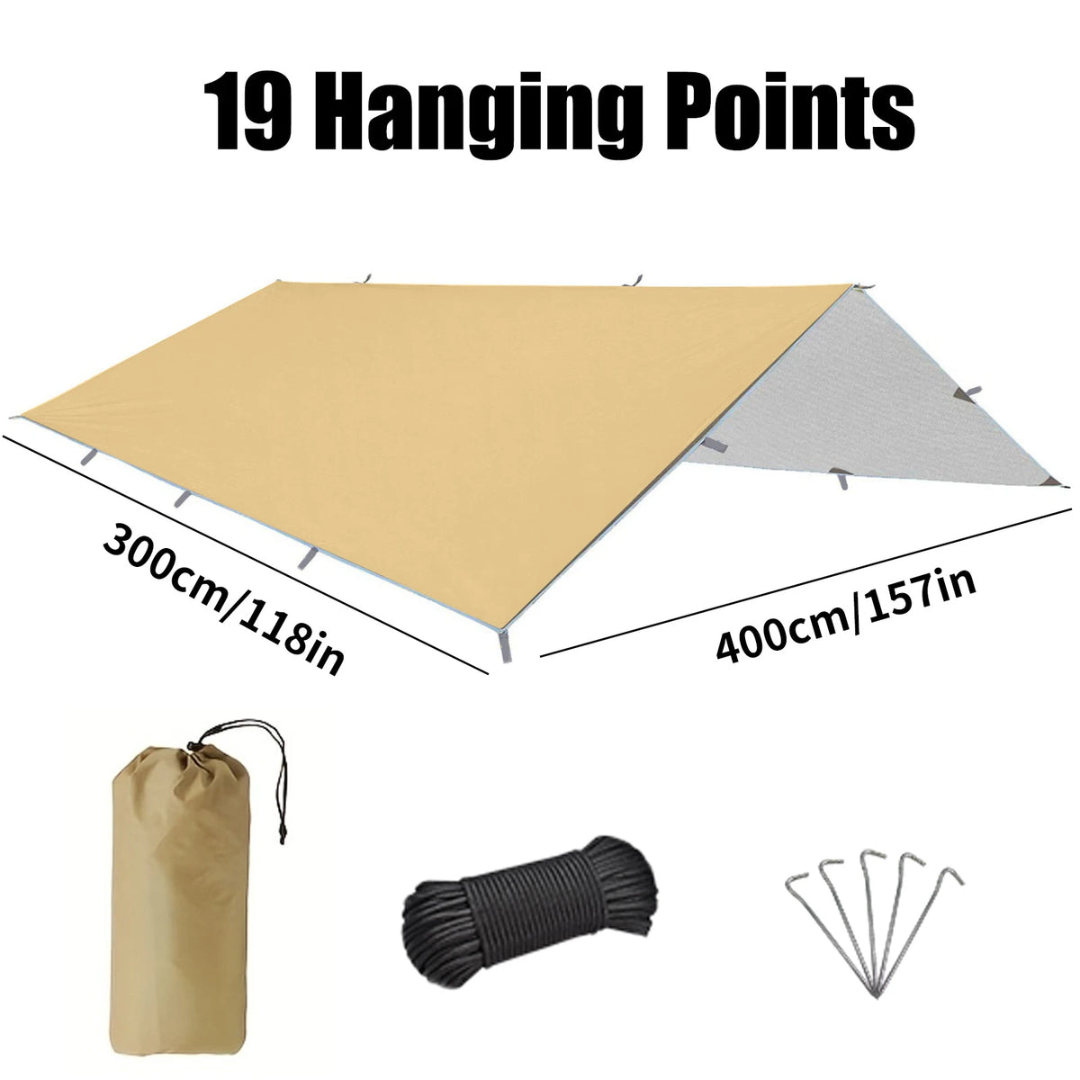 19 Hang Point Tarp Waterpoof Survival Bushcraft Sun Shelter Beach Shade Tent Outdoor Canopy Backpacking Tourist Awning 3x4m