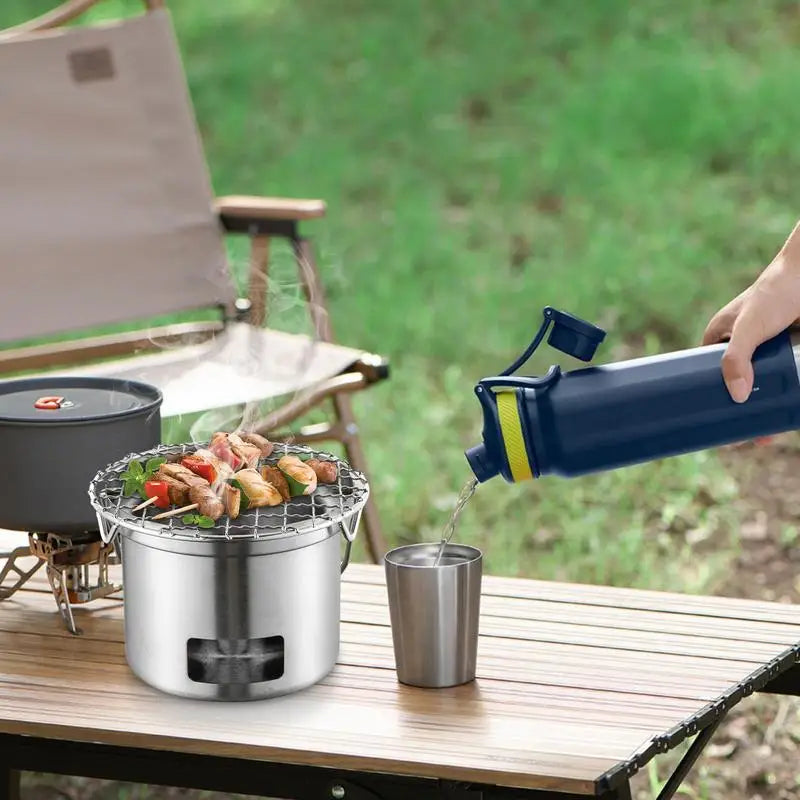 Outdoor Camping Stove Stainless Steel Barbecue Stove Mini Wood Stove Backpacking Survival Stove Picnic BBQ Cooker Burning Stove