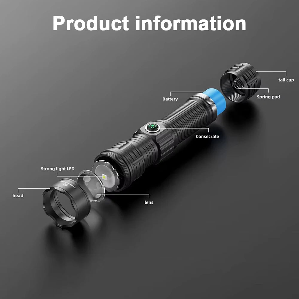IP65 High Lumen Tactical Flashlight 3 Modes Rechargeable Battery Aluminum Alloy LED Weapon Light with Picatinny Rail Mount Sport