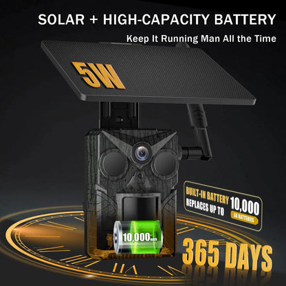4G LTE Solar Trail Camera, 2K HD Live View, No-Glow Night Vision, 0.2s Trigger, 10000mAh Battery, IP66 for Hunting & Farm