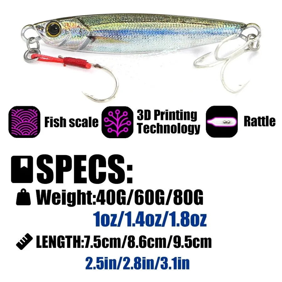 B&U Rattle Jig Sea Fishing Lures Metal Jig 40g 60g 80g Long Casting Spinning Artificial Bait with Hook Spoon Tackle