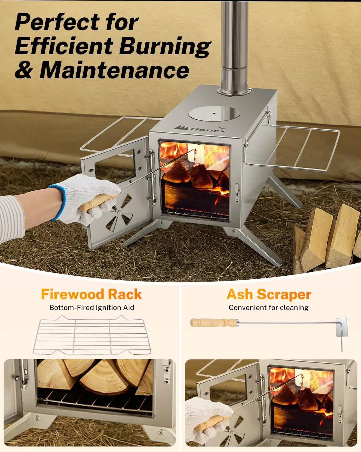 Hot Tent Stove, Portable Wood Burning Camping Stainless Steel Stove with Chimney Pipes for Tent, Outdoor, Heating, Cooking, Ice