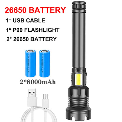 Rechargeable Super Bright Tactical Flashlight High Lumens Zoomable LED Flashlight With COB Side Light 7Modes Floodlight Torch