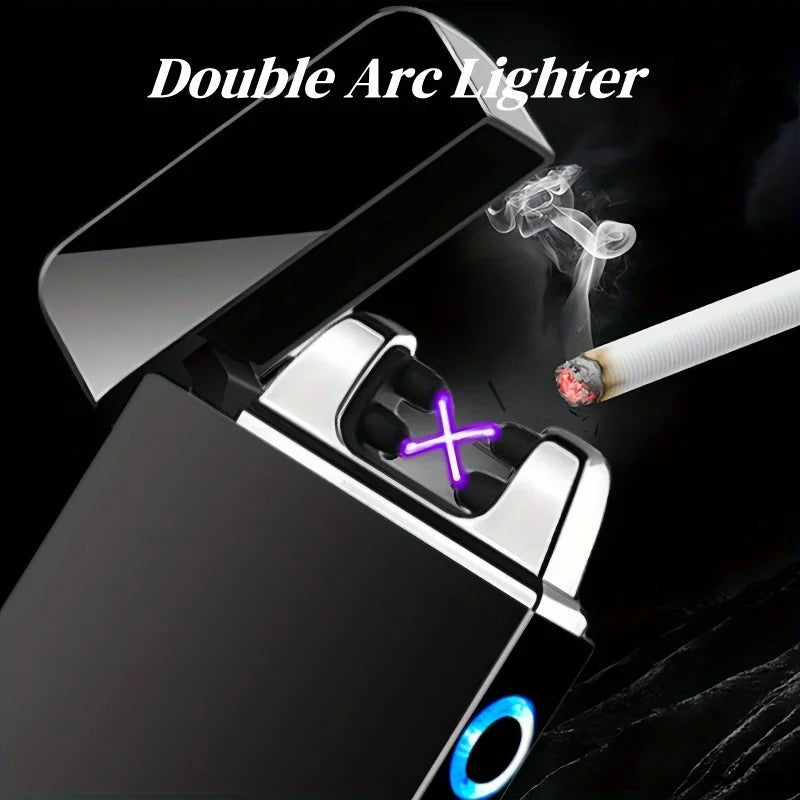 Windproof Dual Arc Plasma Lighter Metal Electric USB Rechargeable Flameless Lighter LED Power Display Portable Candles Camping