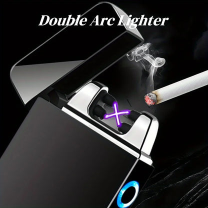 Windproof Dual Arc Plasma Lighter Metal Electric USB Rechargeable Flameless Lighter LED Power Display Portable Candles Camping