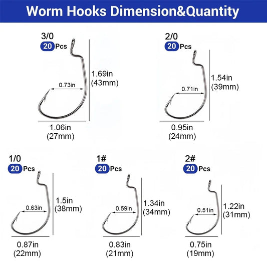 100Pcs EWG Offset Worm Hook Wide Gap Bait Jig Soft Plastic Lure Fishing Hooks for Bass Trout Saltwater Freshwater Fishing