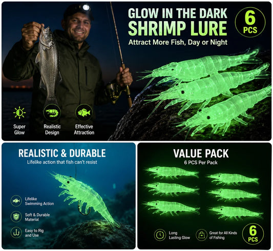 6pcs 2026 New Lure - Luminous Soft Plastic Artificial Bait with Fish Hook | Realistic Freshwater and Saltwater Fishing Gear, Simulated Shrimp-shaped Jig Suitable for Night Fishing, Ideal for Fishing Bass, Trout, Berry Bass, B