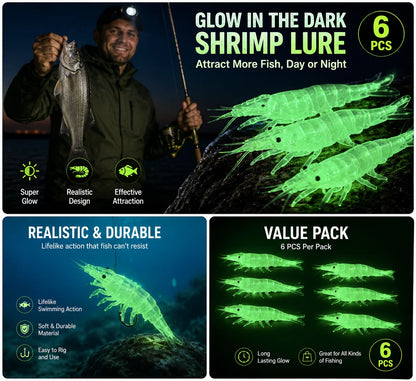 6pcs 2026 New Lure - Luminous Soft Plastic Artificial Bait with Fish Hook | Realistic Freshwater and Saltwater Fishing Gear, Simulated Shrimp-shaped Jig Suitable for Night Fishing, Ideal for Fishing Bass, Trout, Berry Bass, B