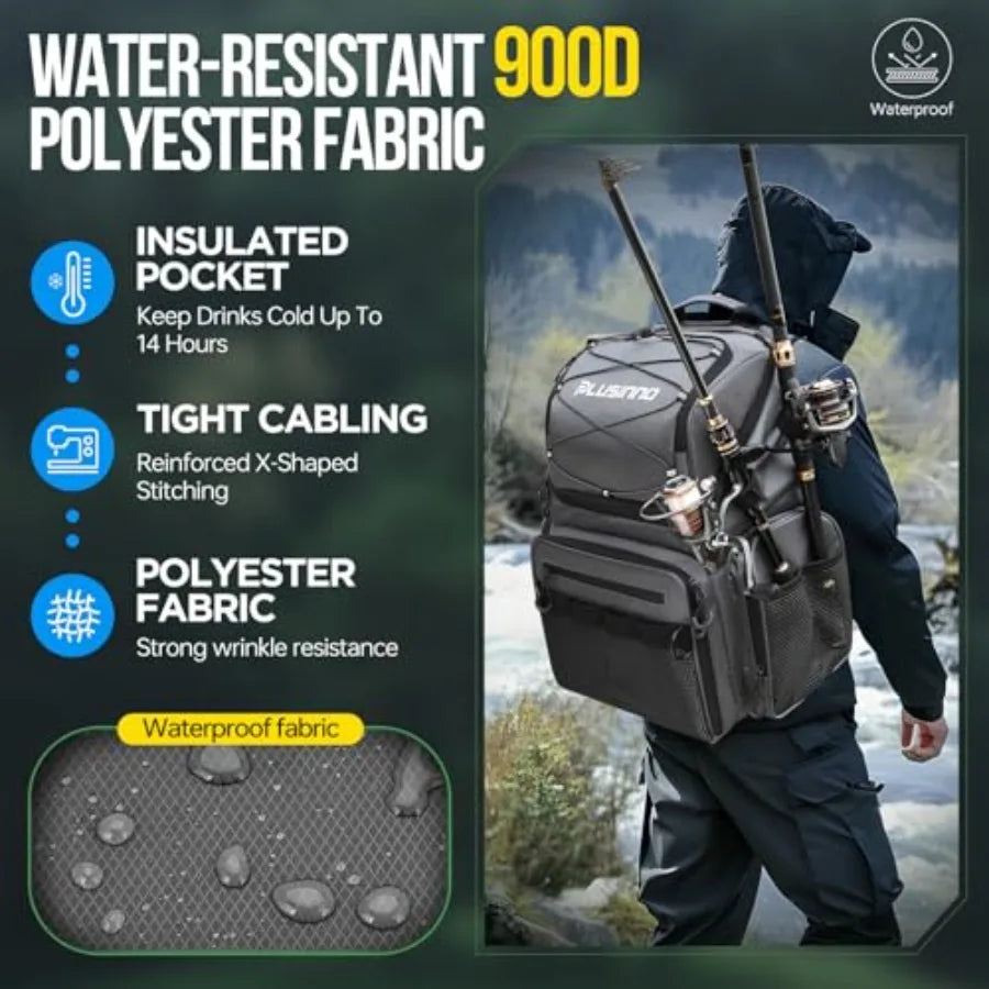 Cooler Fishing Backpack with Rod Holders 45L Large Water-resistant Fishing Tackle Bag Store Fishing Gear in Black for