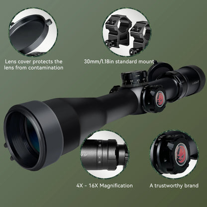 MC4-16X44SF- Optical sight, side adjustable, multi-functional 4-16X zoom sight, second focal plane, with fixture of 30mm/1.18in
