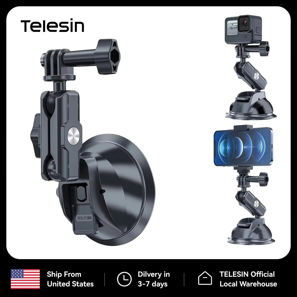 TELESIN Action Camera Phone Suction Cup Holder 360° Rotation Car Phone Stand For GoPro Insta360 DJI OSMO Action Smart Phone