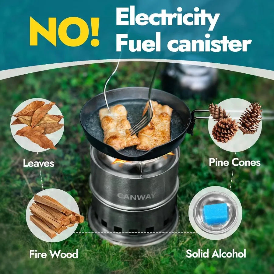 CANWAY Percolator Coffee Pot Portable Camping Stove Set for Backpacking Hiking Stainless Steel Mini Wood Burning Stove 9 CUP Ca